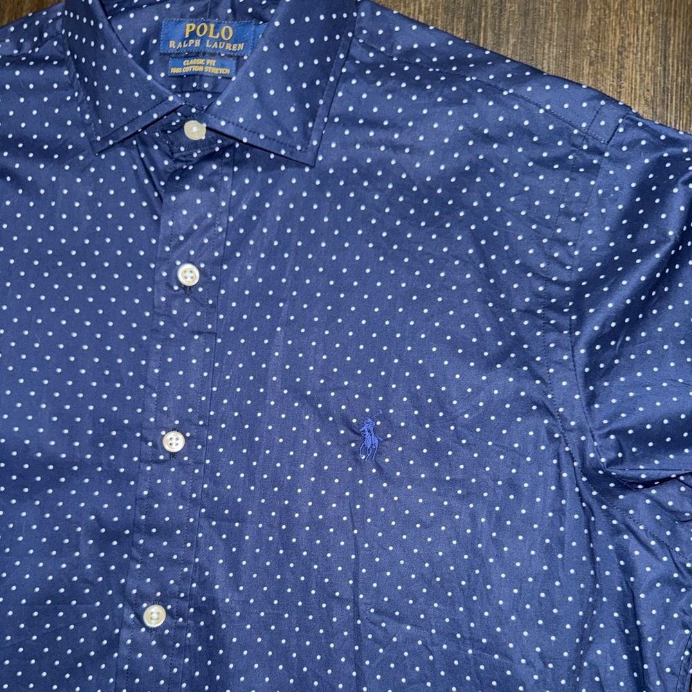 Polo Ralph Lauren Men's Classic Fit Dark Blue/white Polka-Dot long sleeve Med